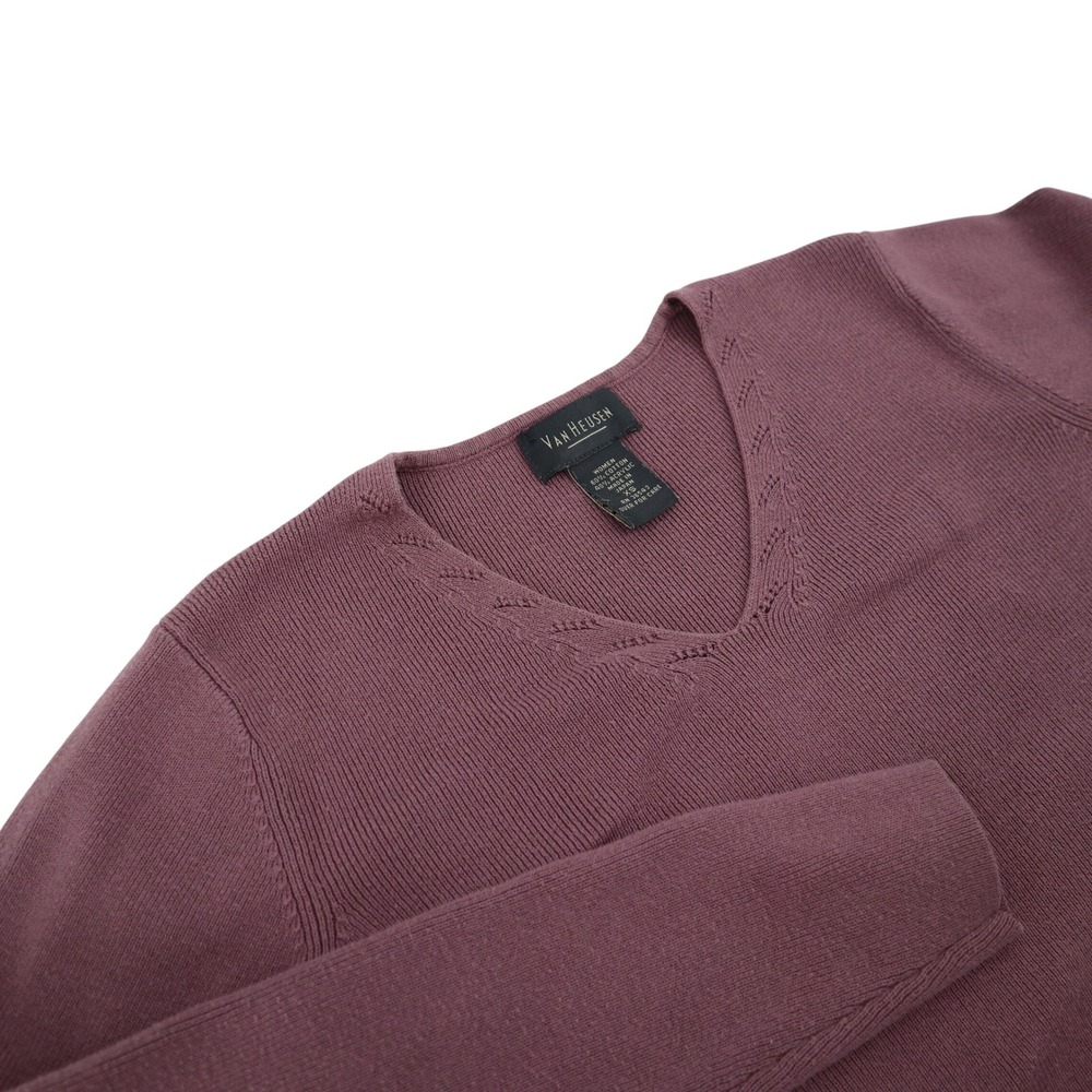 Van Heusen Sweater Womens XS Mauve‎ V-Neck Vintage Pointelle Knit Good